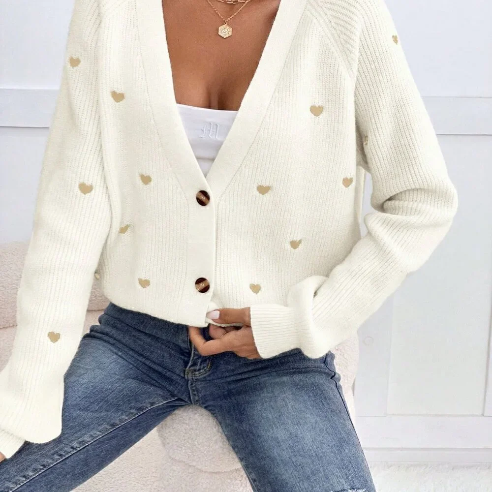 White Casual Women's Cardigan With Heart Embroidery